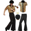 XL size Men's 70s Disco Costume Set - Gold Plaid shirt with Black Bell Bottom Pants & Accessories, Retro Polyester Dance Outfit for Parties and Halloween
