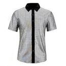 XL size Men's 70s Disco Costume Set - Silvery Plaid shirt with Black Bell Bottom Pants & Accessories, Retro Polyester Dance Outfit for Parties and Halloween