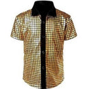 XXL size Men's 70s Disco Costume Set - Gold Plaid shirt with Black Bell Bottom Pants & Accessories, Retro Polyester Dance Outfit for Parties and Halloween