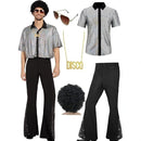 XXL size Men's 70s Disco Costume Set - Silvery Plaid shirt with Black Bell Bottom Pants & Accessories, Retro Polyester Dance Outfit for Parties and Halloween
