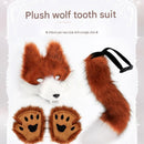 Straw-yellow Furry Animal Cosplay Half Suit Set - Fox Mask with Detachable Fangs, Faux Fur Paws and Wire Poseable Tail - Party Costume and Halloween Accessories