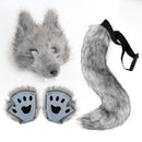 Grey Furry Animal Cosplay Half Suit Set - Fox Mask with Detachable Fangs, Faux Fur Paws and Wire Poseable Tail - Party Costume and Halloween Accessories