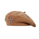 Women's Wool Blend Beret Hat - Khaki French Style Painter Cap with Sparkling Rhinestone Star Detail, Soft Knit Fashion Headwear for Autumn and Winter