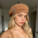 Women's Wool Blend Beret Hat - Khaki French Style Painter Cap with Sparkling Rhinestone Star Detail, Soft Knit Fashion Headwear for Autumn and Winter