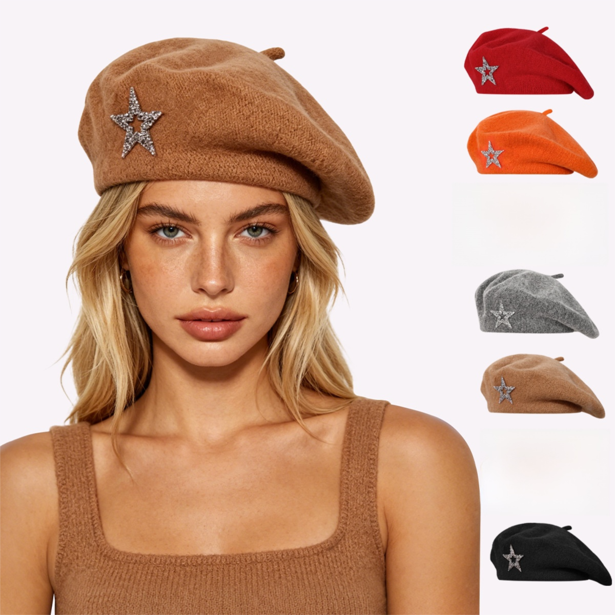 Women's Wool Blend Beret Hat - Khaki French Style Painter Cap with Sparkling Rhinestone Star Detail, Soft Knit Fashion Headwear for Autumn and Winter