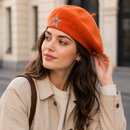 Women's Wool Blend Beret Hat - Orange French Style Painter Cap with Sparkling Rhinestone Star Detail, Soft Knit Fashion Headwear for Autumn and Winter