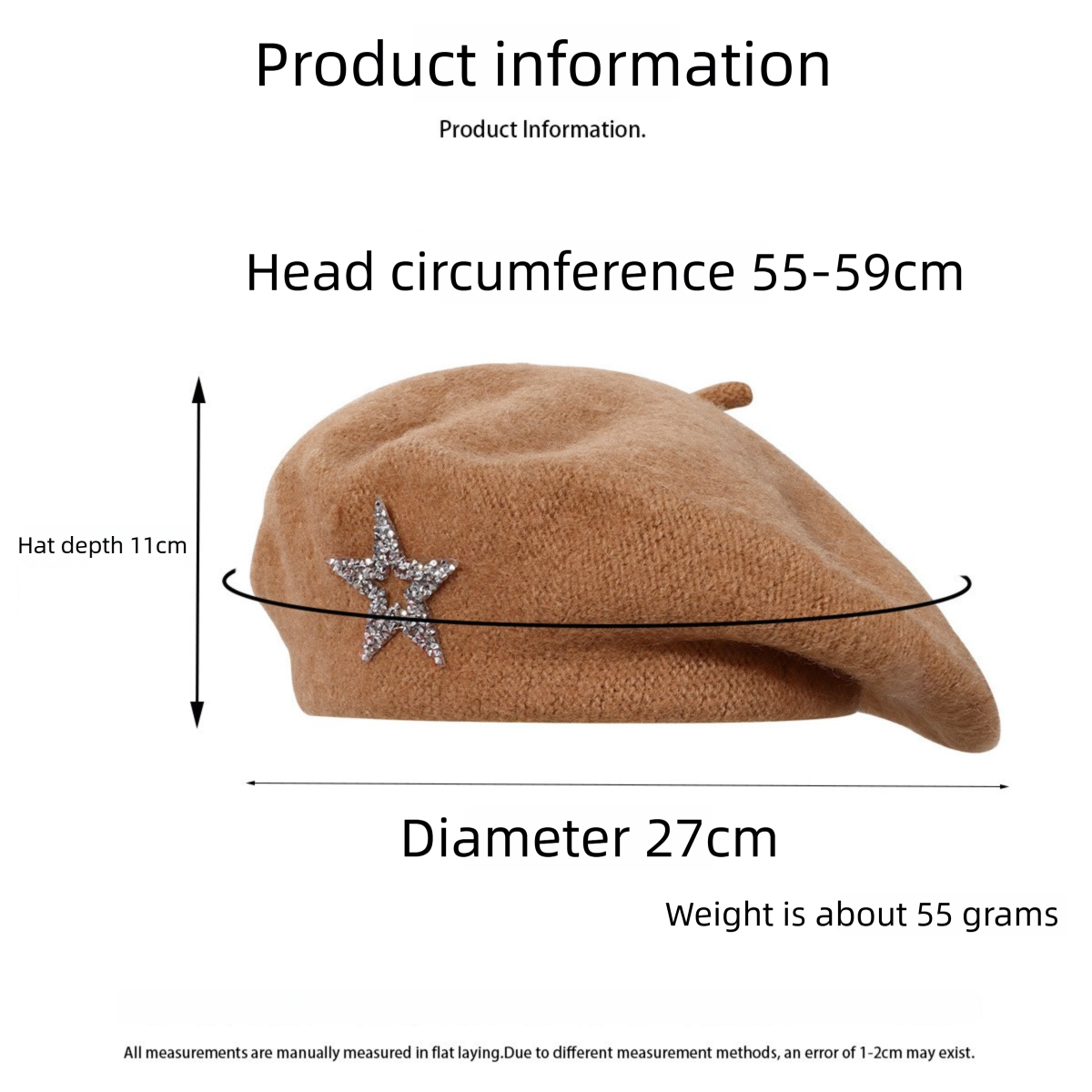 Women's Wool Blend Beret Hat - Orange French Style Painter Cap with Sparkling Rhinestone Star Detail, Soft Knit Fashion Headwear for Autumn and Winter