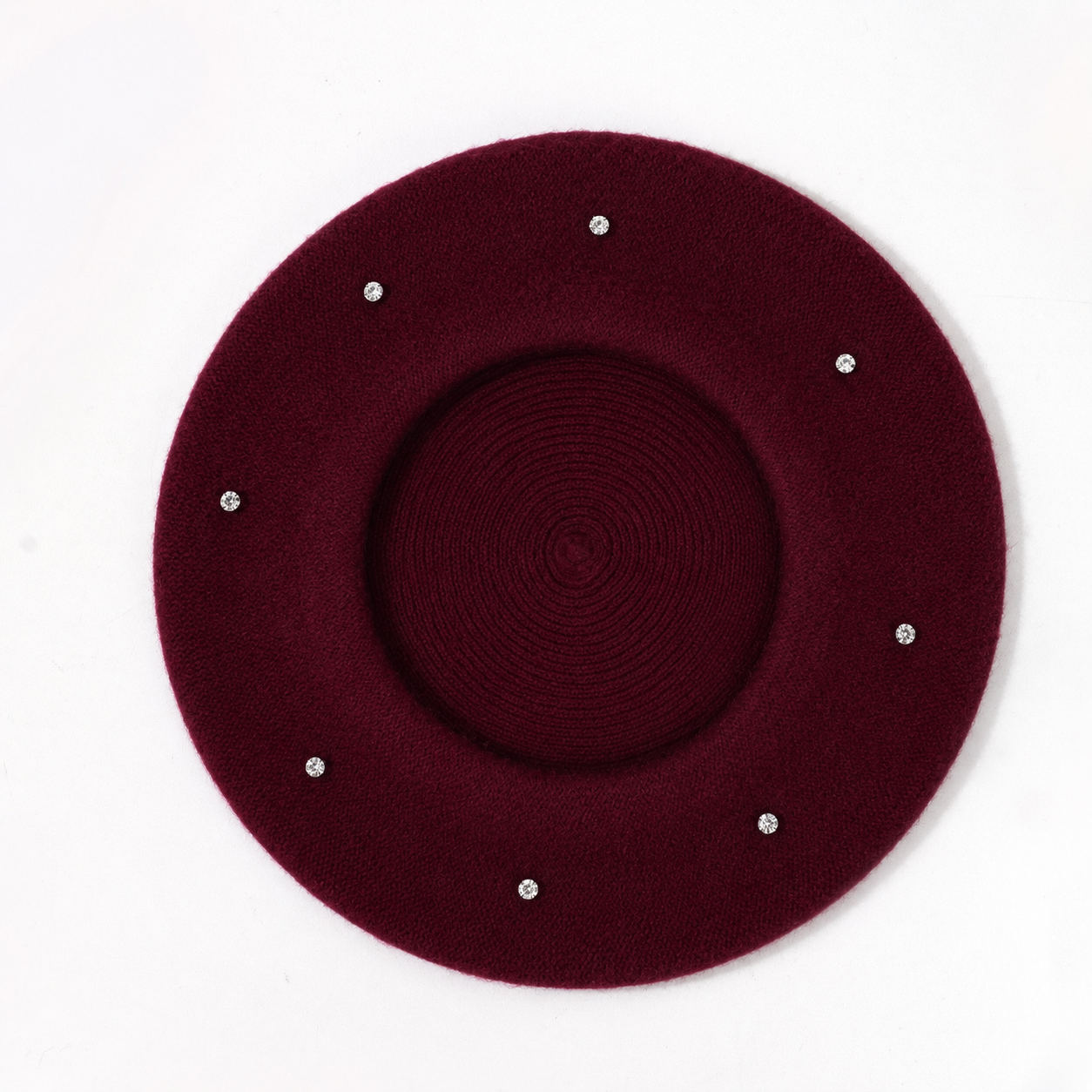 Women's Wool Blend Beret Hat -Burgundy French Style Painter Cap with Scattered Rhinestone Details, Soft Knit Vintage Fashion Headwear