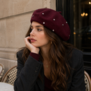 Women's Wool Blend Beret Hat -Burgundy French Style Painter Cap with Scattered Rhinestone Details, Soft Knit Vintage Fashion Headwear