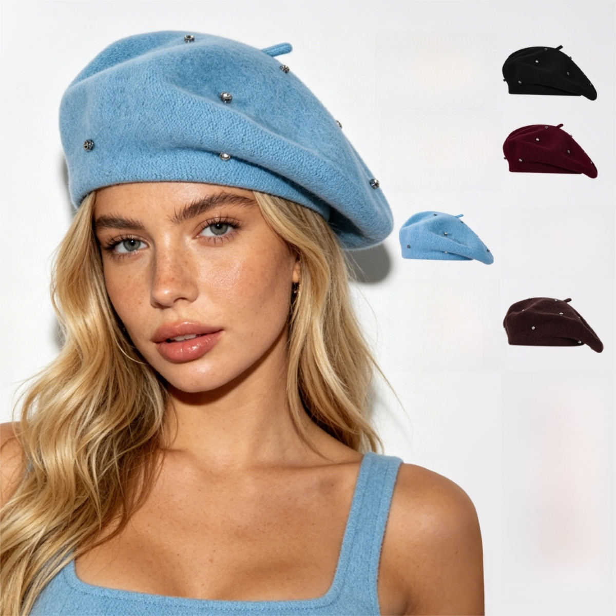 Women's Wool Blend Beret Hat -Burgundy French Style Painter Cap with Scattered Rhinestone Details, Soft Knit Vintage Fashion Headwear