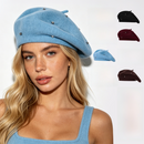 Women's Wool Blend Beret Hat -Burgundy French Style Painter Cap with Scattered Rhinestone Details, Soft Knit Vintage Fashion Headwear