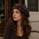 Women's Wool Blend Beret Hat - Brown French Style Painter Cap with Scattered Rhinestone Details, Soft Knit Vintage Fashion Headwear