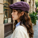 Women's Plaid Flat Cap - Purple Check Newsboy Painter Hat, Adjustable Double Snap Design, Short Brim Vintage Casual Cap for Everyday Streetwear