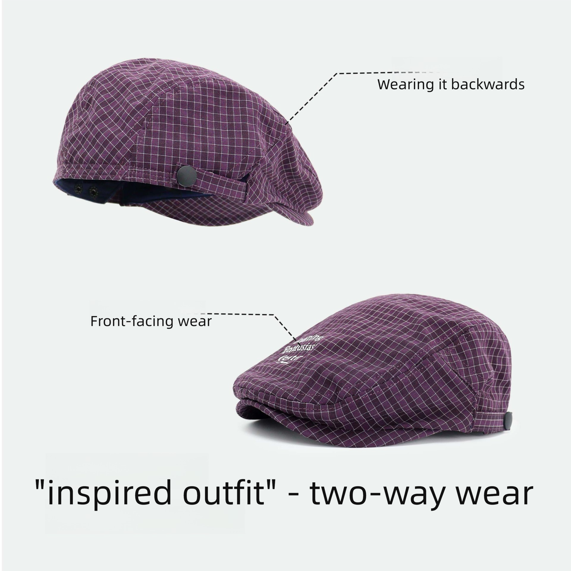 Women's Plaid Flat Cap - Purple Check Newsboy Painter Hat, Adjustable Double Snap Design, Short Brim Vintage Casual Cap for Everyday Streetwear