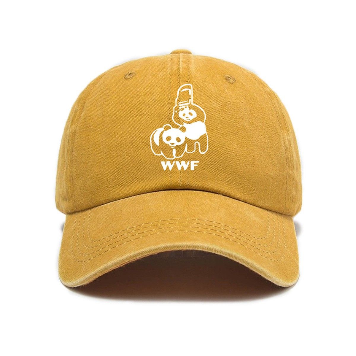 Yellow Vintage Washed Panda Print Baseball Cap - Adjustable Cotton Cap with Curved Brim for Sun Protection and Casual Streetwear Style