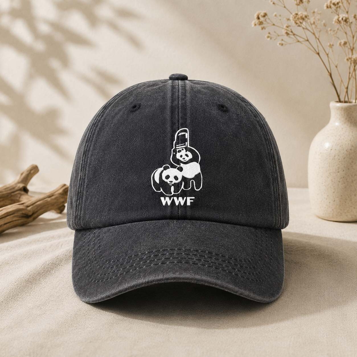 Black Vintage Washed Panda Print Baseball Cap - Adjustable Cotton Cap with Curved Brim for Sun Protection and Casual Streetwear Style