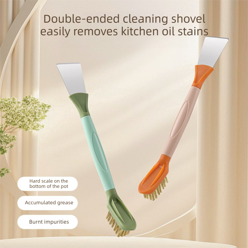2-Pack Green Dual Head Kitchen Cleaning Brush Set - Stainless Steel Scraper and Copper Wire Brush - Heavy Duty Grease Removal, Detachable Handle, Multi Surface Use for Stovetops and Ovens
