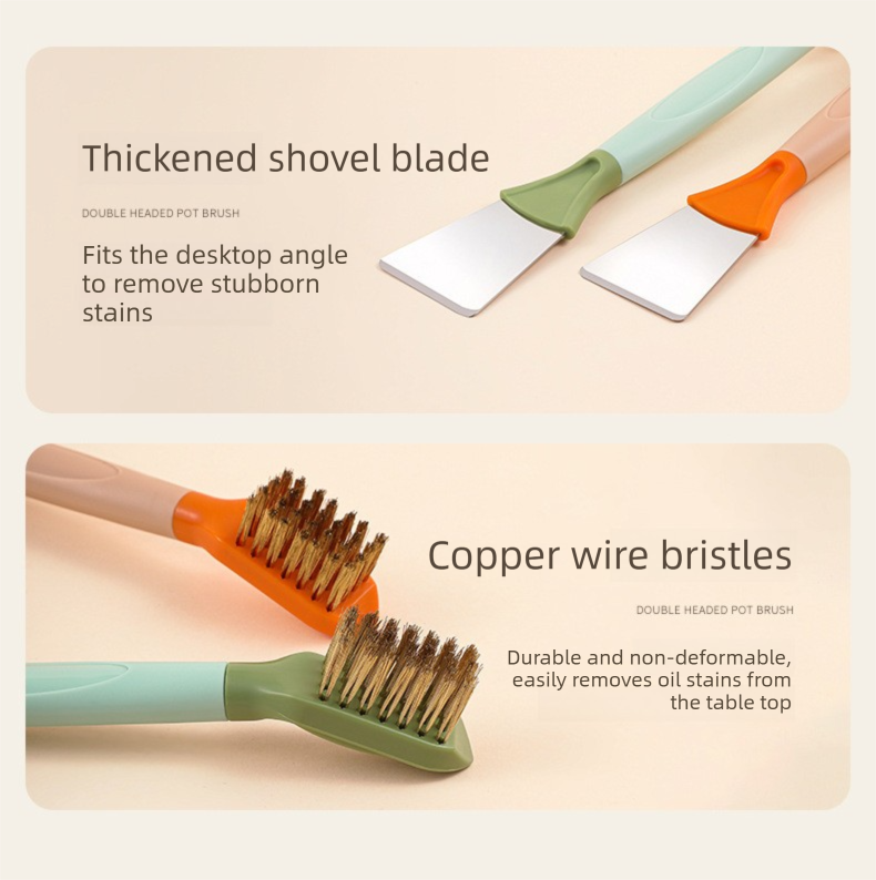 2-Pack Orange Dual Head Kitchen Cleaning Brush Set - Stainless Steel Scraper and Copper Wire Brush - Heavy Duty Grease Removal, Detachable Handle, Multi Surface Use for Stovetops and Ovens