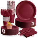 25 Guest Deep Red Disposable Tableware Set - 9 Inch and 7 Inch Paper Plates, Cups, Napkins and Plastic Cutlery - Elegant Party Supplies for Weddings, Birthdays and Holiday Dinners
