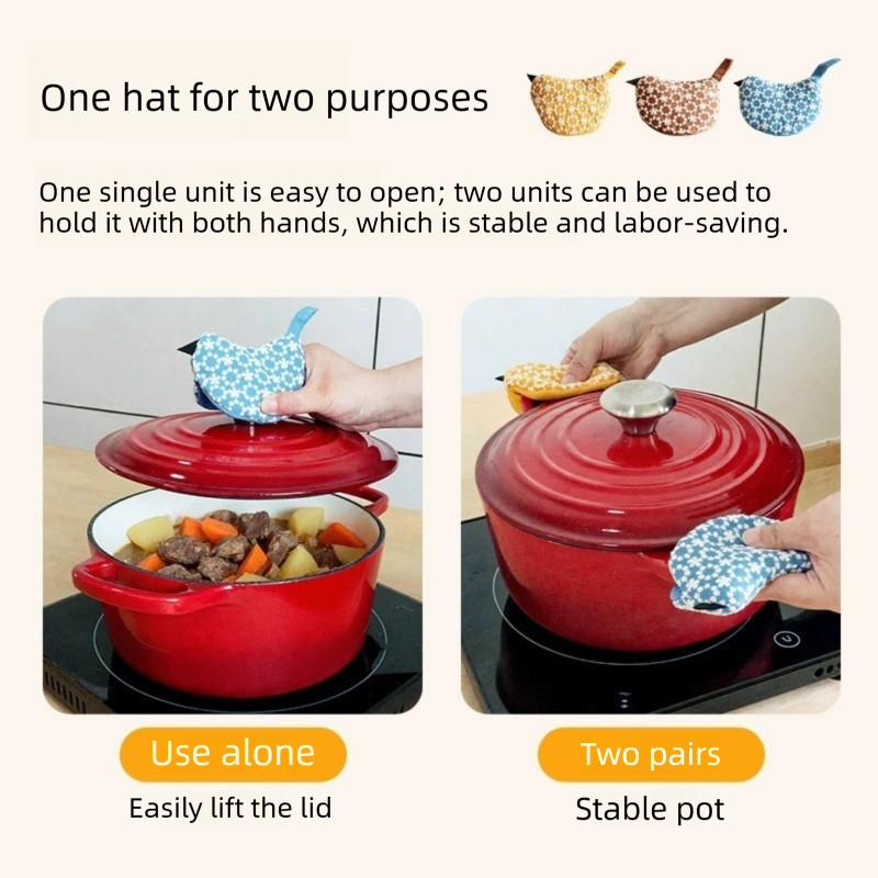 2 PCS Red Bird Shaped Pot Lid Lifter Heat Resistant Cotton Potholder - Embroidered Floral Kitchen Accessory for Saucepan Handles and Hot Cookware