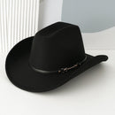 Western Cowboy Hat - Black Wide Brim Cowboy Hat with Leather-Look Band, Metal Rivet and Square Buckle Detail for Casual, Festival and Western Style