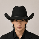 Western Cowboy Hat - Black Wide Brim Cowboy Hat with Leather-Look Band, Metal Rivet and Square Buckle Detail for Casual, Festival and Western Style