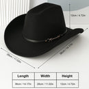 Western Cowboy Hat - Black Wide Brim Cowboy Hat with Leather-Look Band, Metal Rivet and Square Buckle Detail for Casual, Festival and Western Style
