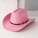Western Cowboy Hat - Pink Wide Brim Cowboy Hat with Leather-Look Band, Metal Rivet and Square Buckle Detail for Casual, Festival and Western Style