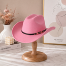 Western Cowboy Hat - Pink Wide Brim Cowboy Hat with Leather-Look Band, Metal Rivet and Square Buckle Detail for Casual, Festival and Western Style