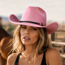 Western Cowboy Hat - Pink Wide Brim Cowboy Hat with Leather-Look Band, Metal Rivet and Square Buckle Detail for Casual, Festival and Western Style