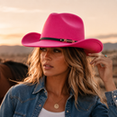 Western Cowboy Hat - Rose red Wide Brim Cowboy Hat with Leather-Look Band, Metal Rivet and Square Buckle Detail for Casual, Festival and Western Style