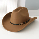 Western Cowboy Hat - Brown Wide Brim Cowboy Hat with Leather-Look Band, Metal Rivet and Square Buckle Detail for Casual, Festival and Western Style