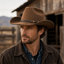 Western Cowboy Hat - Brown Wide Brim Cowboy Hat with Leather-Look Band, Metal Rivet and Square Buckle Detail for Casual, Festival and Western Style