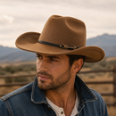 Western Cowboy Hat - Brown Wide Brim Cowboy Hat with Leather-Look Band, Metal Rivet and Square Buckle Detail for Casual, Festival and Western Style