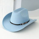 Western Cowboy Hat - Sky Blue Wide Brim Cowboy Hat with Leather-Look Band, Metal Rivet and Square Buckle Detail for Casual, Festival and Western Style