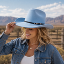 Western Cowboy Hat - Sky Blue Wide Brim Cowboy Hat with Leather-Look Band, Metal Rivet and Square Buckle Detail for Casual, Festival and Western Style