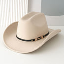 Western Cowboy Hat - Beige Wide Brim Cowboy Hat with Leather-Look Band, Metal Rivet and Square Buckle Detail for Casual, Festival and Western Style