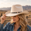 Western Cowboy Hat - Beige Wide Brim Cowboy Hat with Leather-Look Band, Metal Rivet and Square Buckle Detail for Casual, Festival and Western Style