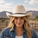 Western Cowboy Hat - Beige Wide Brim Cowboy Hat with Leather-Look Band, Metal Rivet and Square Buckle Detail for Casual, Festival and Western Style