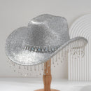 Silver Rhinestone Fringe Cowboy Hat - Sparkling Western Party Hat with Round Gemstone Band and Crystal Tassel Fringe for Festivals, Carnival, Dance and Stage Performance
