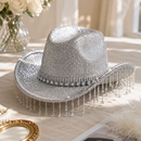 Silver Rhinestone Fringe Cowboy Hat - Sparkling Western Party Hat with Round Gemstone Band and Crystal Tassel Fringe for Festivals, Carnival, Dance and Stage Performance