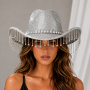 Silver Rhinestone Fringe Cowboy Hat - Sparkling Western Party Hat with Round Gemstone Band and Crystal Tassel Fringe for Festivals, Carnival, Dance and Stage Performance
