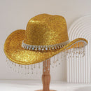 Gold Rhinestone Fringe Cowboy Hat - Sparkling Western Party Hat with Round Gemstone Band and Crystal Tassel Fringe for Festivals, Carnival, Dance and Stage Performance