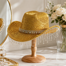 Gold Rhinestone Fringe Cowboy Hat - Sparkling Western Party Hat with Round Gemstone Band and Crystal Tassel Fringe for Festivals, Carnival, Dance and Stage Performance