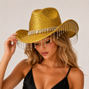 Gold Rhinestone Fringe Cowboy Hat - Sparkling Western Party Hat with Round Gemstone Band and Crystal Tassel Fringe for Festivals, Carnival, Dance and Stage Performance