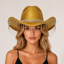 Gold Rhinestone Fringe Cowboy Hat - Sparkling Western Party Hat with Round Gemstone Band and Crystal Tassel Fringe for Festivals, Carnival, Dance and Stage Performance