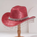 Pink Rhinestone Fringe Cowboy Hat - Sparkling Western Party Hat with Round Gemstone Band and Crystal Tassel Fringe for Festivals, Carnival, Dance and Stage Performance