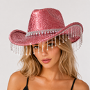 Pink Rhinestone Fringe Cowboy Hat - Sparkling Western Party Hat with Round Gemstone Band and Crystal Tassel Fringe for Festivals, Carnival, Dance and Stage Performance