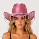 Pink Rhinestone Fringe Cowboy Hat - Sparkling Western Party Hat with Round Gemstone Band and Crystal Tassel Fringe for Festivals, Carnival, Dance and Stage Performance