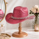 Pink Rhinestone Fringe Cowboy Hat - Sparkling Western Party Hat with Round Gemstone Band and Crystal Tassel Fringe for Festivals, Carnival, Dance and Stage Performance